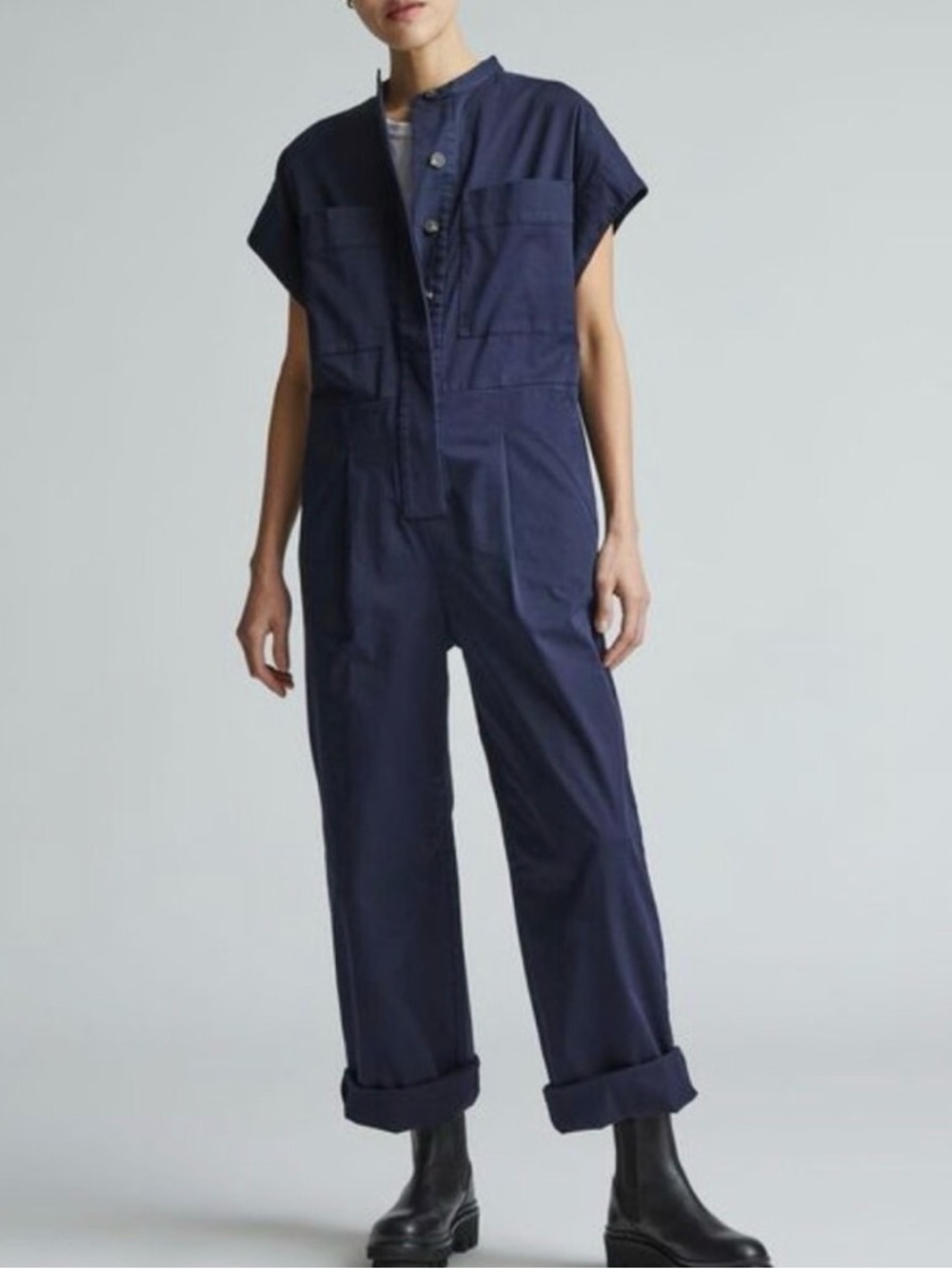 Everlane Navy Short-Sleeve Utility Jumpsuit